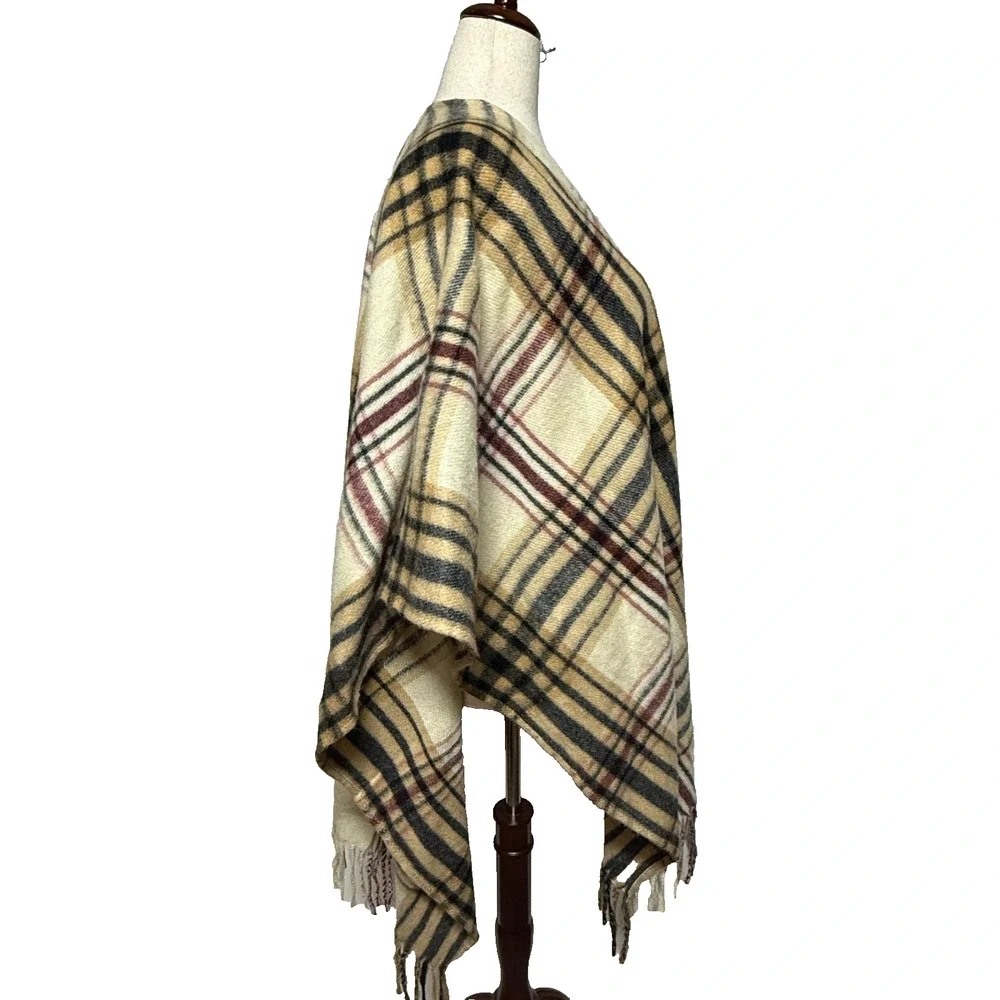 Woolrich Poncho Cape Womens One‎ Size Tan Red Plaid Fringe Hem Shawl Boho